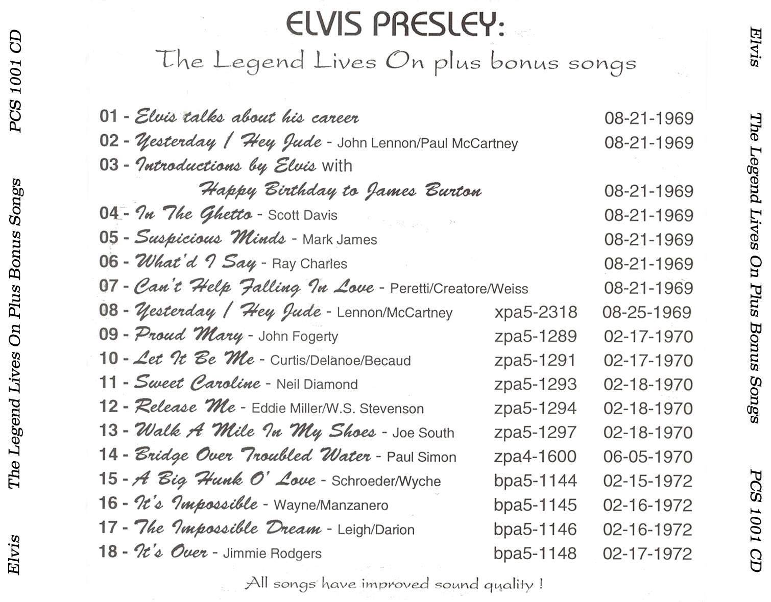 Elvis Presley The Legend Lives On Plus Bonus Songs : Back